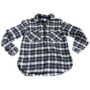 J Crew Flannel Pullover Shirt Size XS 1/4 Zip Navy Blue White Plaid